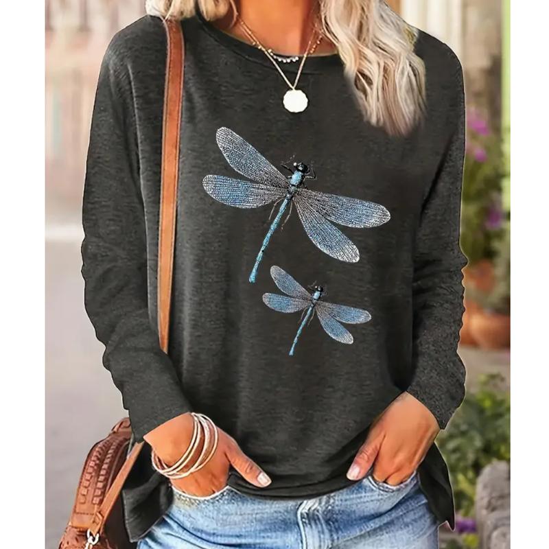 2025 Осень и Зима Женский Новый Повседневный Топ с Круглым Вырезом и Длинным Рукавом с 3D Рисунком Стрекозы