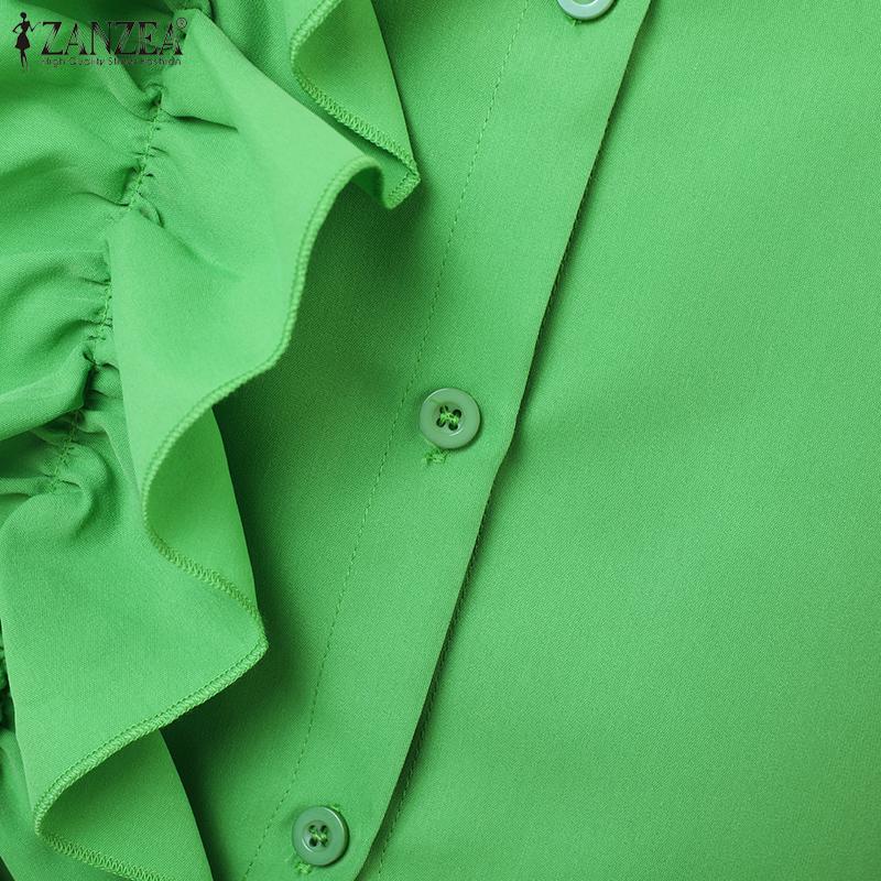 ZANZEA Женская повседневная однотонная рубашка с длинным рукавом и оборками