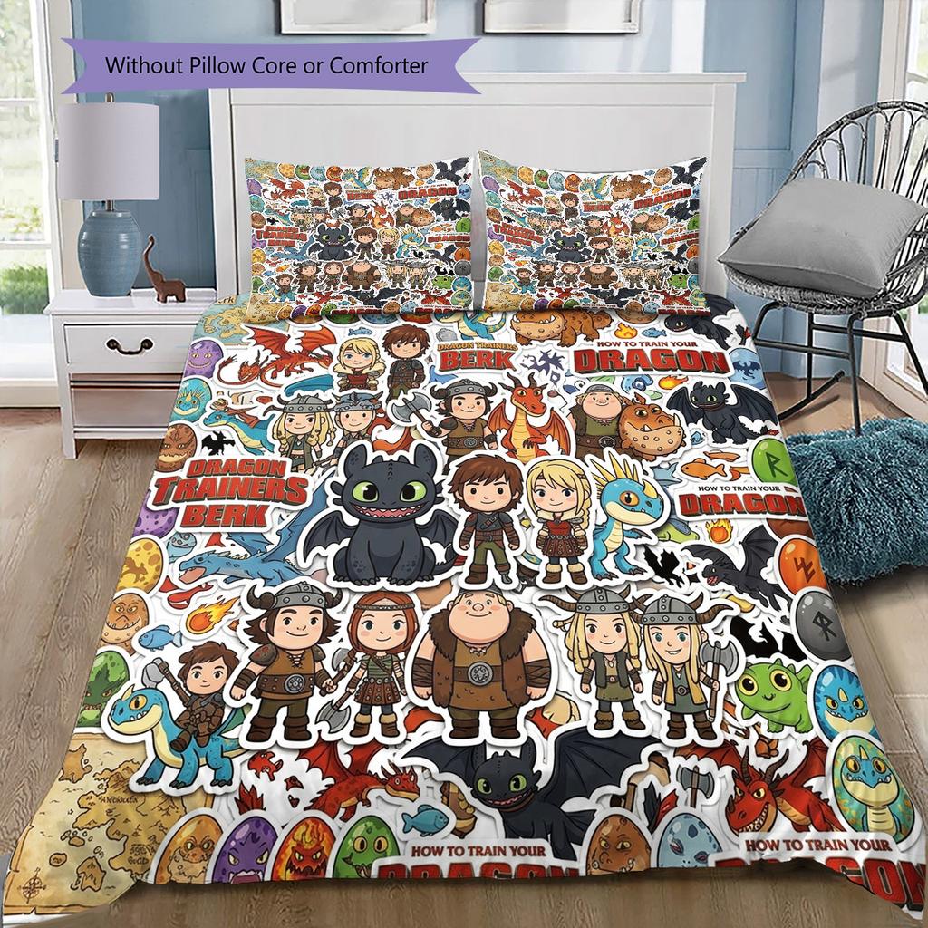 How Train Dragon Pattern Bedding Quilt Set Quilt Cover Pillowcase Home Birthday Gift(1 * duvet cover + 2 * pillowcase, without core)