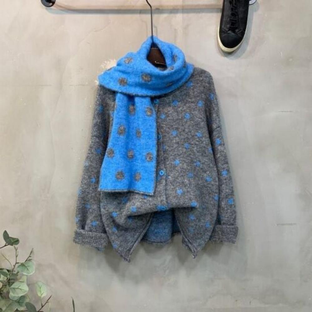 C S In The Room Wool Dot Pattern Long Sleeve Knit Cardigan SCarf Set 4Color