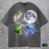 Three Frogs Vintage Graphic T-shirts, Retro Toads Moon Tshirt, Frog Lovers, Funny Cozy Sleeping Galaxy Tee,Oversized Washed Adult Joke Shirt