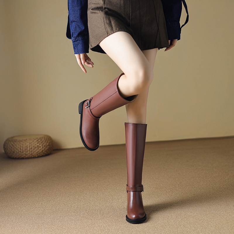 Krazing Pot Cow Skin Autumn Winter Shoes Riding Boots Round Toe Keep Warm Metal Square Buckle Med Heels Thigh High Boots