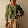 Женская Повседневная Свободная Блузка с Круглым Вырезом, Рубашка с Плиссированной Передней Частью, Рукав Три Четверти, Легкий Топ для Повседневной Носки