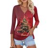 Women's Casual Fashion Sexy Comfortable Christmas Print V-Neck Button Three-quarter Sleeve Top