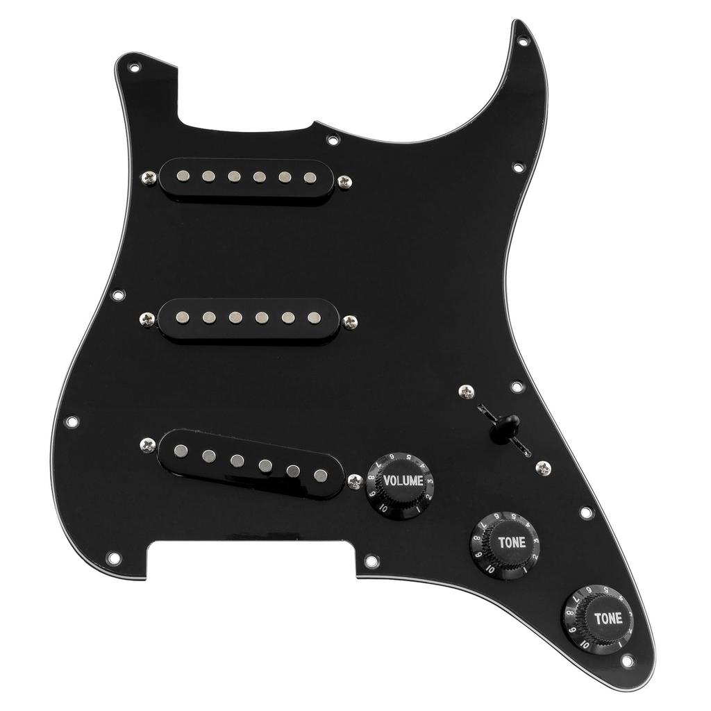 Musiclily Basic pickguard with SSS pickup set for Fender Stratocaster electric black 11-hole ST-wired single-coil guitar, 3-ply.