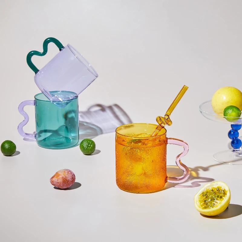 Цветные стеклянные чашки, оригинальный дизайн, красочная волнистая стеклянная кружка ручной работы, простая волнистая кофейная чашка для горячей воды