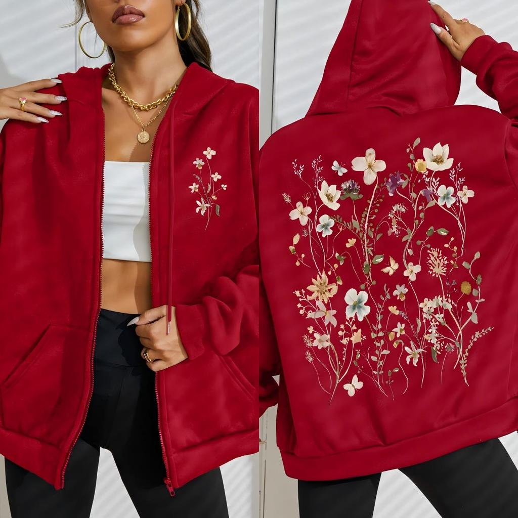 Beautiful Flower Clusters Printing Women Zipper Hoodie Vintage All-Match Hoodies Street Streetwear Autumn Tracksuit