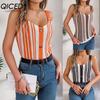 QICED Spring Summer V-neck Button Contrasting Color Cut-out Knitted Sweater Vacation Halter Top Women's Wear