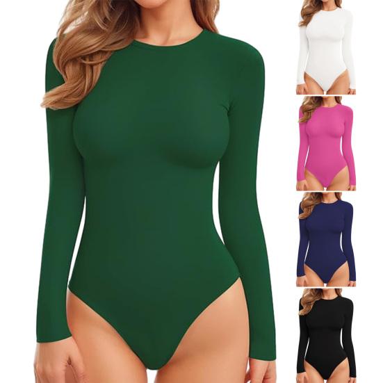Long Sleeve Bodysuit for Women Casual Tummy Control Crew Neck Tops Fall Stretchy Basic Slim Fit Body Suit Tops