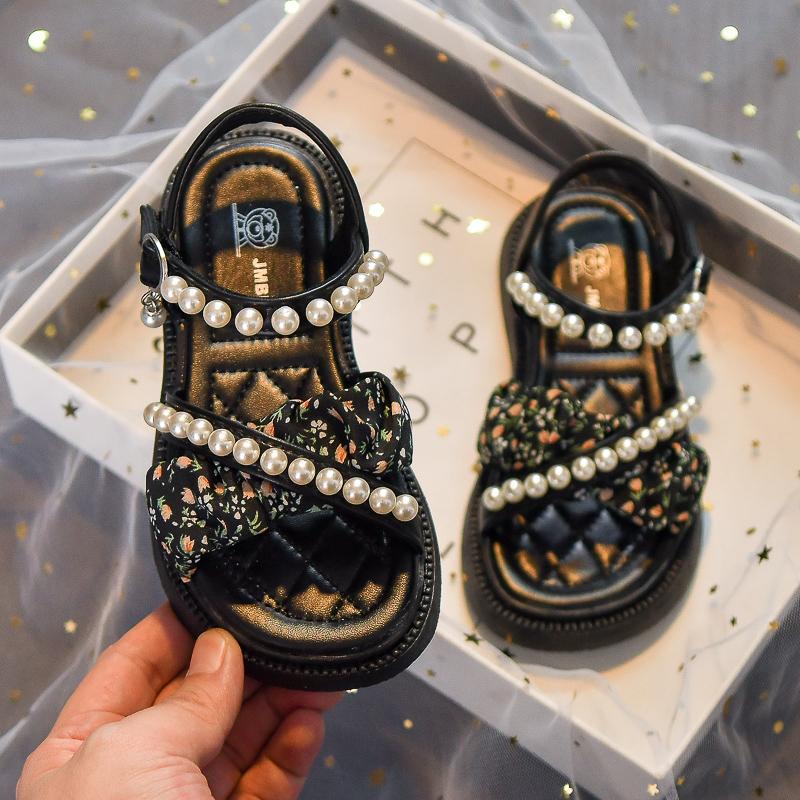 Сандалии принцессы для девочек, детские сандалии с крестообразным жемчугом, летняя модная пляжная обувь для маленьких детей, нескользящая мягкая подошва, размер 26-37