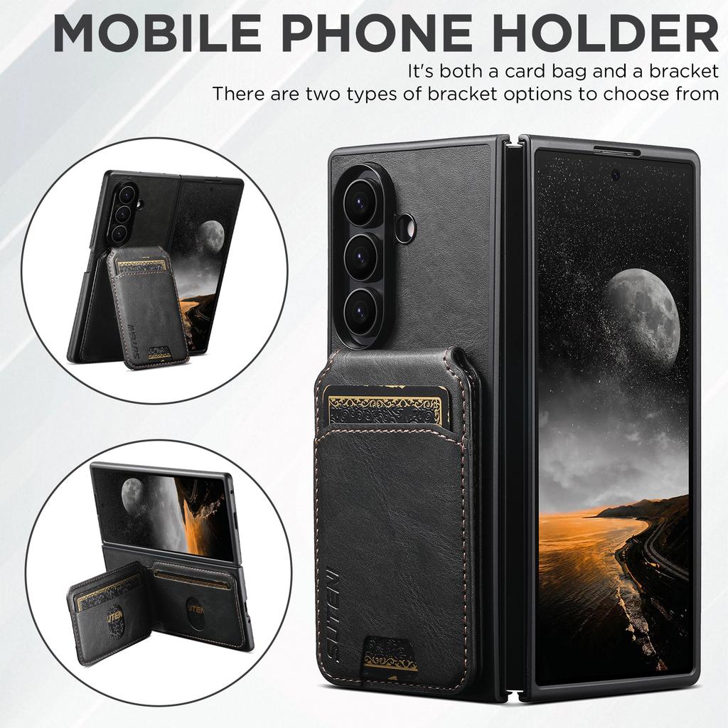 SUTENI H02 For Samsung Galaxy Z Fold7 5G Case Waxy Texture Leather + PC Card Slots Kickstand Phone Cover