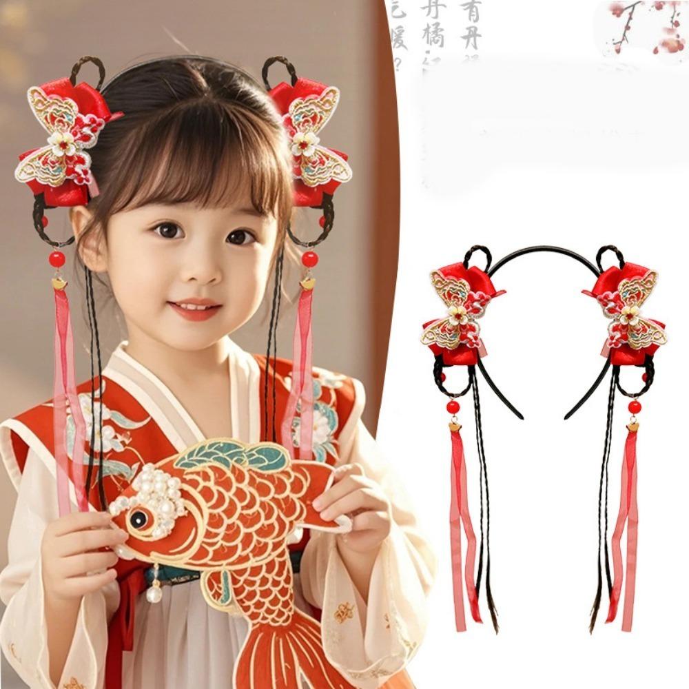 Tassel Children Wig Headband Flower New Year Hair Accessories Hanfu Headwear  Year of the Horse