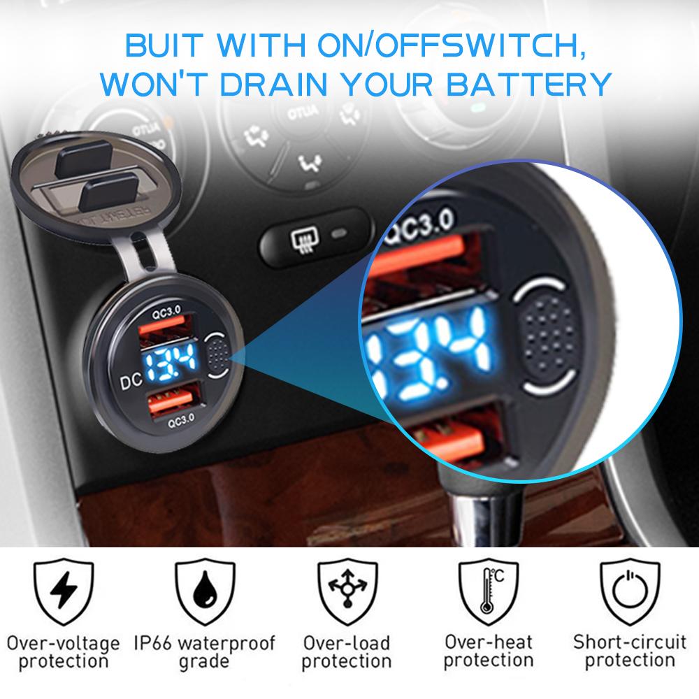 QC 3.0 Car Charger Dual USB Socket Waterproof With Voltmeter Switch Quick Charge Adapter 12/24V Cigarette Lighter