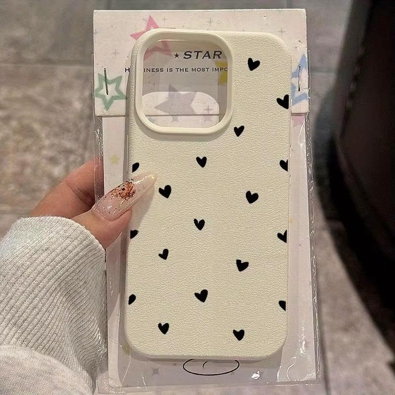 Милый черный чехол-сердечко с текстурой личи для iPhone 17 Air 16 e 15 14 13 12 11 Pro Max Plus SE, мягкий чехол