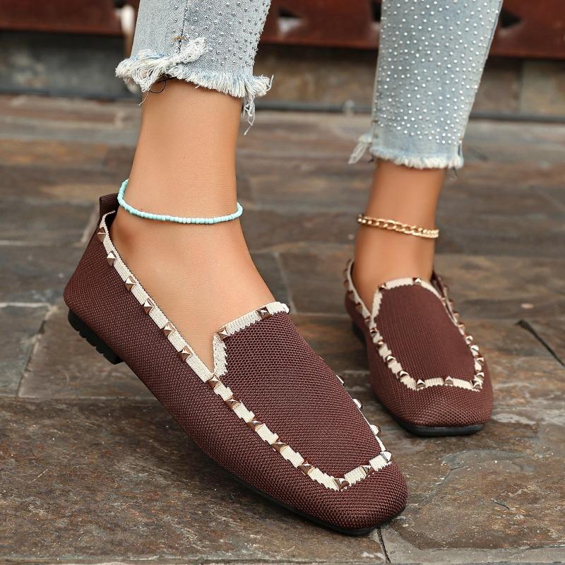 Большого размера новые вязаные туфли-одинарки с заклепками, женские, на мягкой подошве, удобные, повседневные туфли-одинарки на одной педали