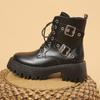 Punk Metal Buckle Platform Boots Women PU Leather Chunky Heels Ankle Boots Woman Autumn Lace Up Thick Bottom Gothic Shoes