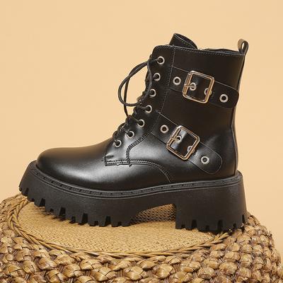 Ботинки на платформе с металлической пряжкой в ​​стиле панк, женские ботильоны из искусственной кожи на массивном каблуке, женские осенние готические туфли на толстой подошве со шнуровкой