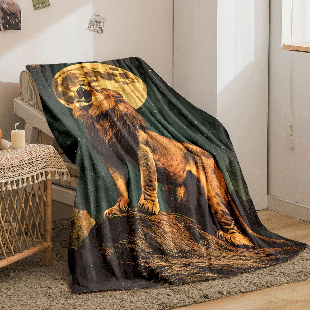 A roaring lion stands on a rock with a glowing full moon in the background. for all seasons blanket lunch break throw gift