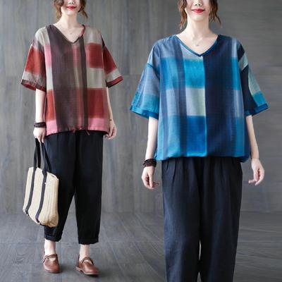 Хлопок и Лен Толстая Сестра Большой Размер V-образный вырез Клетчатая Рубашка с Принтом Летняя Свежая Литературная Персиковое Сердце Рукав Пять Точек