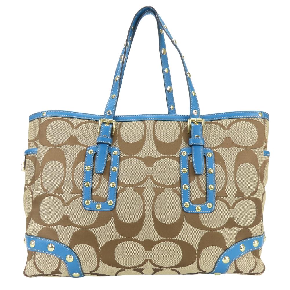 Used COACH Tote Bag Signature 1488 canvas/leather blue Brown Studs