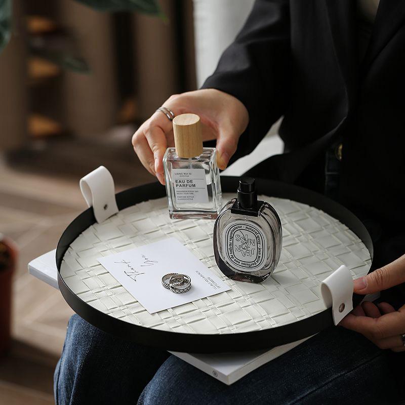 360° Rotatable Storage Tray | Premium Saddle Leather Desktop Organizer | Luxury Perfume & Cosmetics Display Plate with Handles