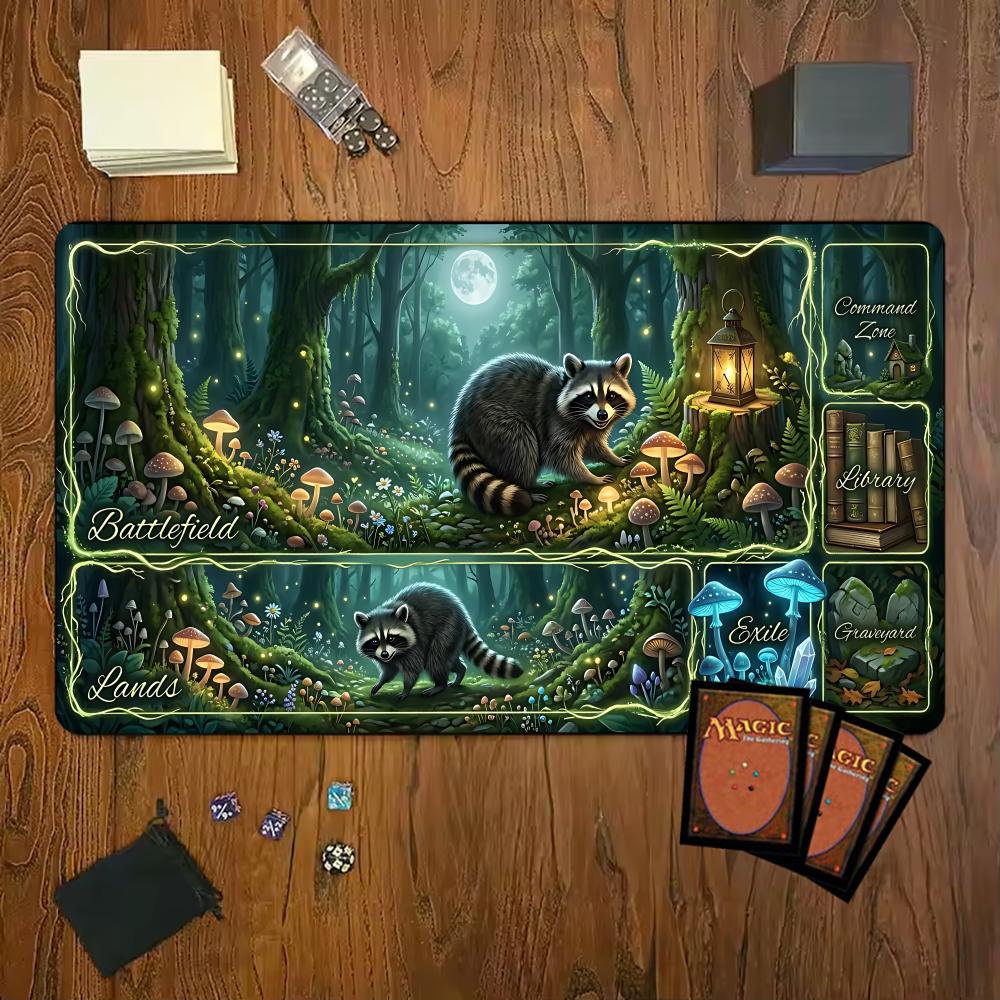 Forest Raccoon Mushroom Moon Game Mat Mouse Pad Playmat 24"X14" MTG TCG Office Desk Mat for Work Game PC Laptop Rug MousePad
