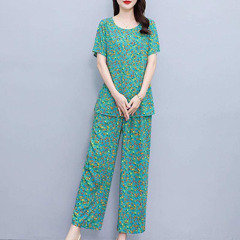 Летние комплекты с широкими брюками больших размеров с винтажным принтом, повседневные элегантные свободные комплекты для женщин, комплект из 2 предметов