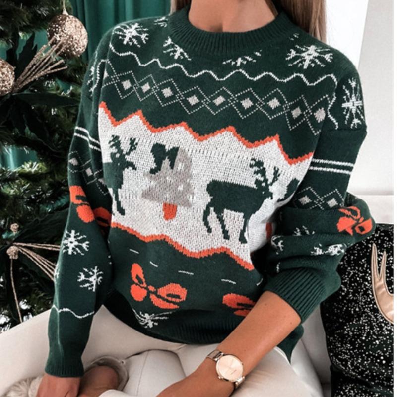 GMXIA Autumn Winter Sweater Women's Christmas Jacquard Loose O-Neck Long Sleeve Sweater