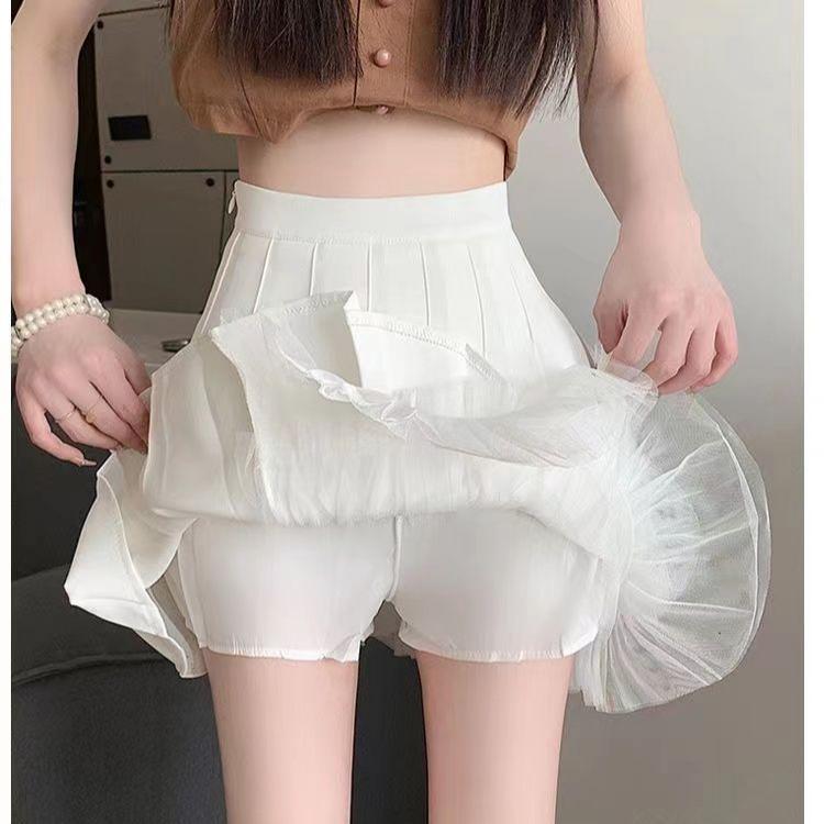 Irregular Mesh Stitching Pleated Skirt Sweet Fashion High-Waisted Mini Skirt Korean Solid Color Hottie Preppy Style