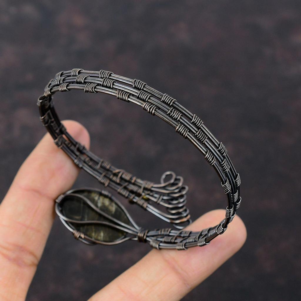 Черный перламутровый браслет, медная проволока, обернутая драгоценным камнем, браслет-манжета, регулируемый браслет ручной работы, медная проволока, обернутая ювелирным изделием, подарок для нее