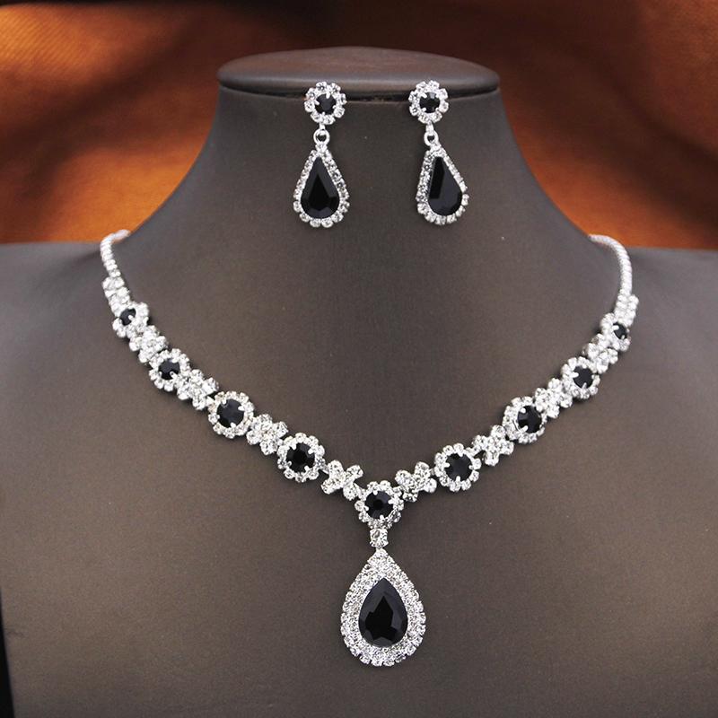Women's Rhinestone Water Drop Bridal Jewelry Set Birthday Prom Purple Choker Necklace Earrings Wedding Bride Accessory Fashion