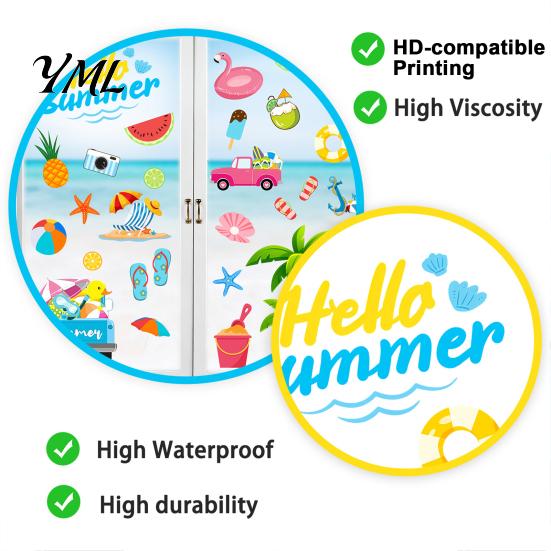 Coconut Tree Wall Decor 2Pcs Hello Summer Beach Window Clings, Tropical Hawaiian Flamingo Removable Theme Decals Stickers Decals, Watermelon Pineapple