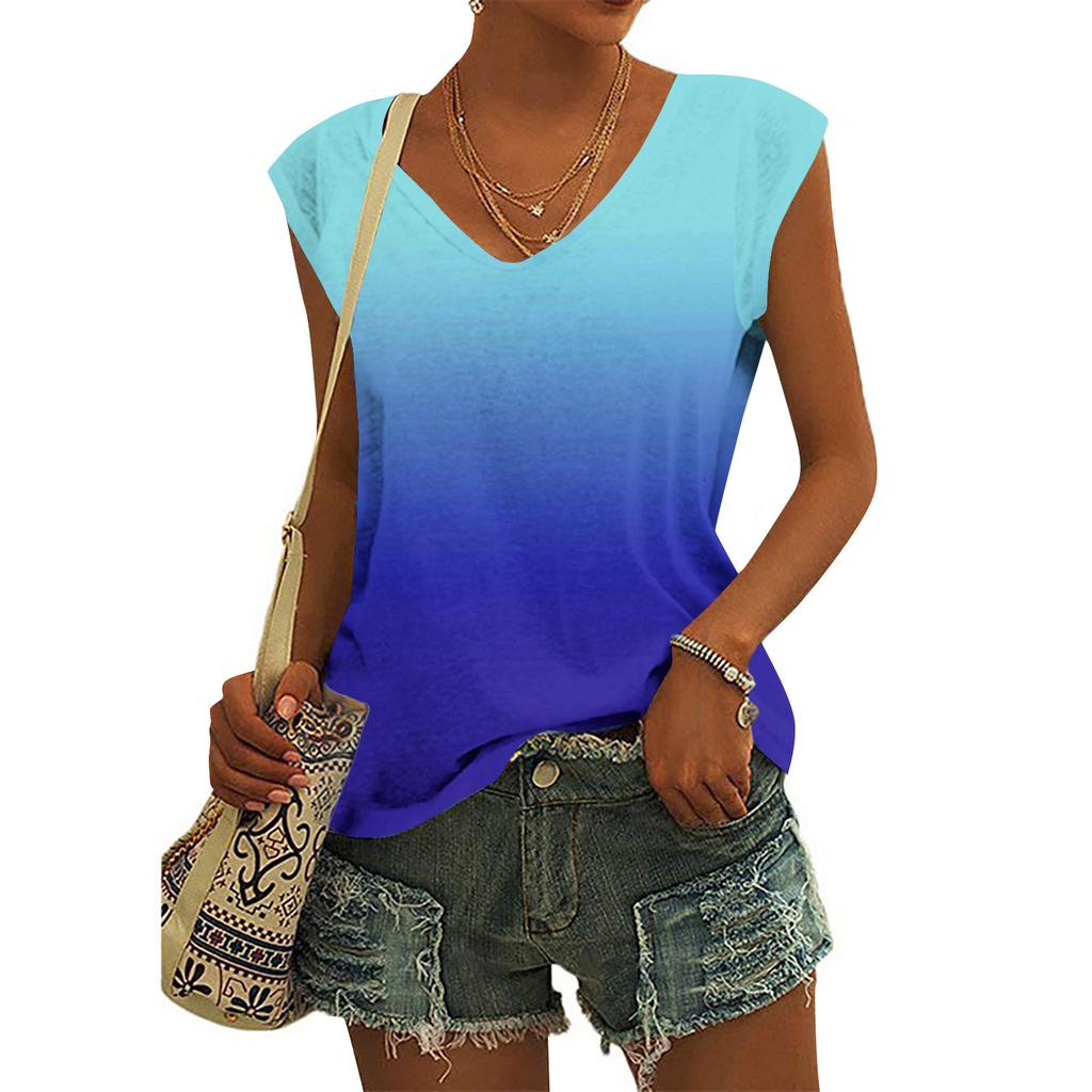 Женские модные повседневные топы с принтом, рубашки без рукавов, пуловеры с V-образным вырезом, футболки