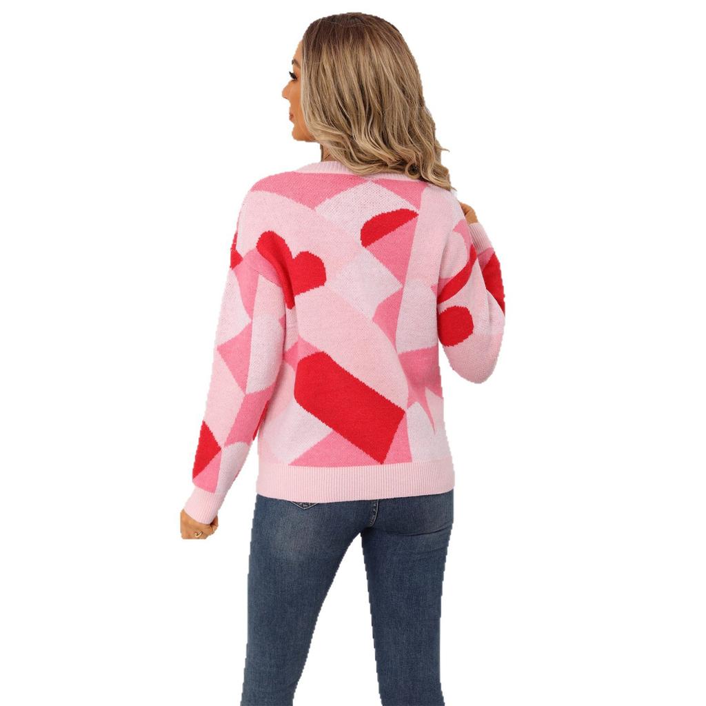 Autumn and Winter Round-neck Checkerboard Sweater, Valentine's Day Knitted Sweater Top