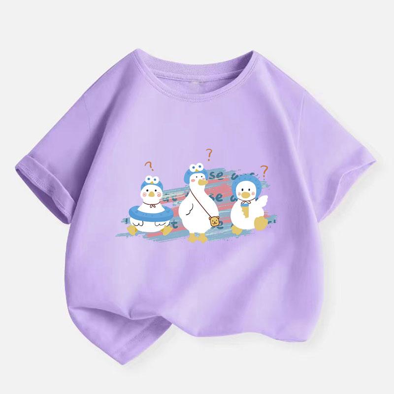 Летняя детская футболка с изображением утки, фиолетовая футболка с принтом для девочек, детская футболка с коротким рукавом, модная повседневная хлопковая футболка