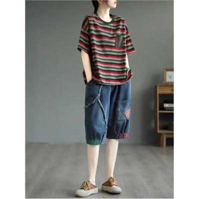 Женские летние литературные винтажные джинсы в стиле пэчворк с необработанными краями, индивидуальный дизайн, многокарманные брюки с пятью штанами