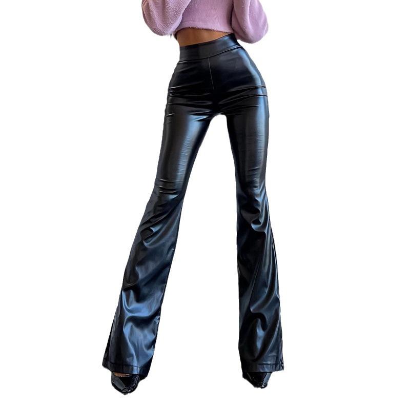 2024 Winter High Waist Black Shiny PU Leather Flared Pants for Women