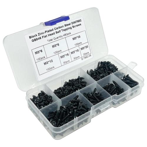 PENGLIN 480-Piece Countersunk Head Self-Tapping Screw Set, M3 3mm, Cross Recess, Carbon Steel, 7 Types, Black, with Storage Case