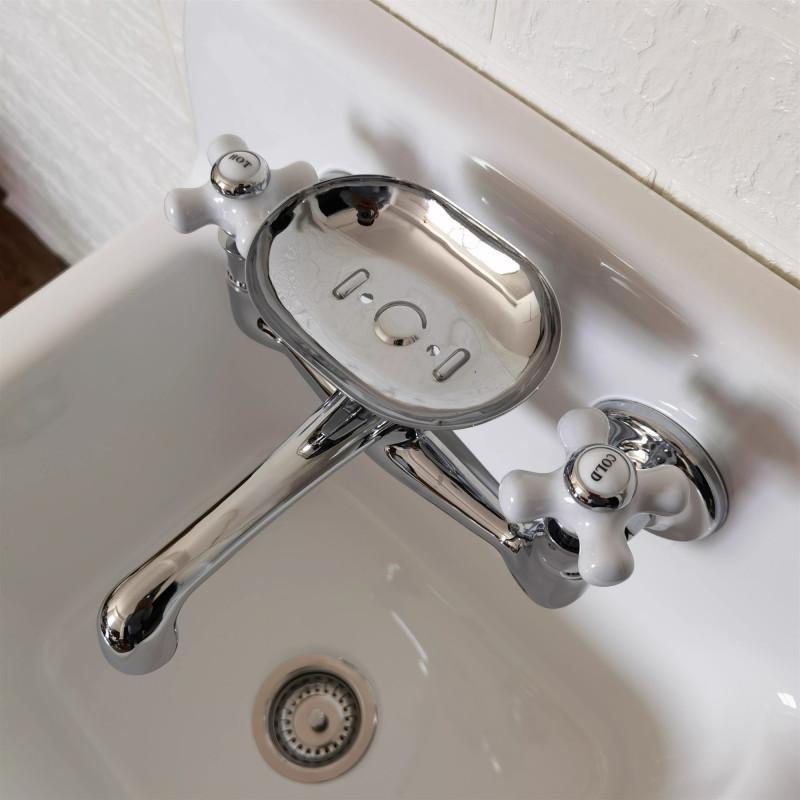 Tuqiu Bathroom Basin Faucet Wall mounted Hot and Cold Ceramica handle Europe Style Sink Mixer with Soap Dish