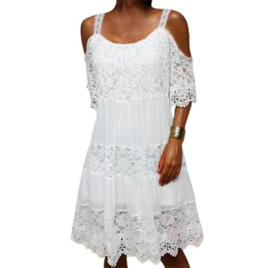 Sling Cold Shoulder Half Sleeve Summer Dress Crochet Embroidery Lace Stitching Mini Dress Female Clothing