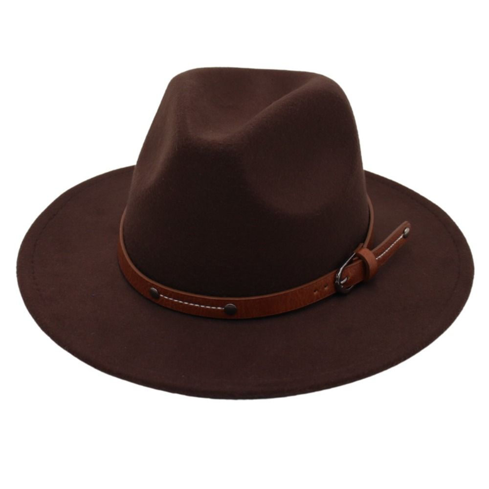 Wide Brim Felt Fedora Hats With Belt Buckle Cowboy Cap Fashion Panama Cap  Men Women