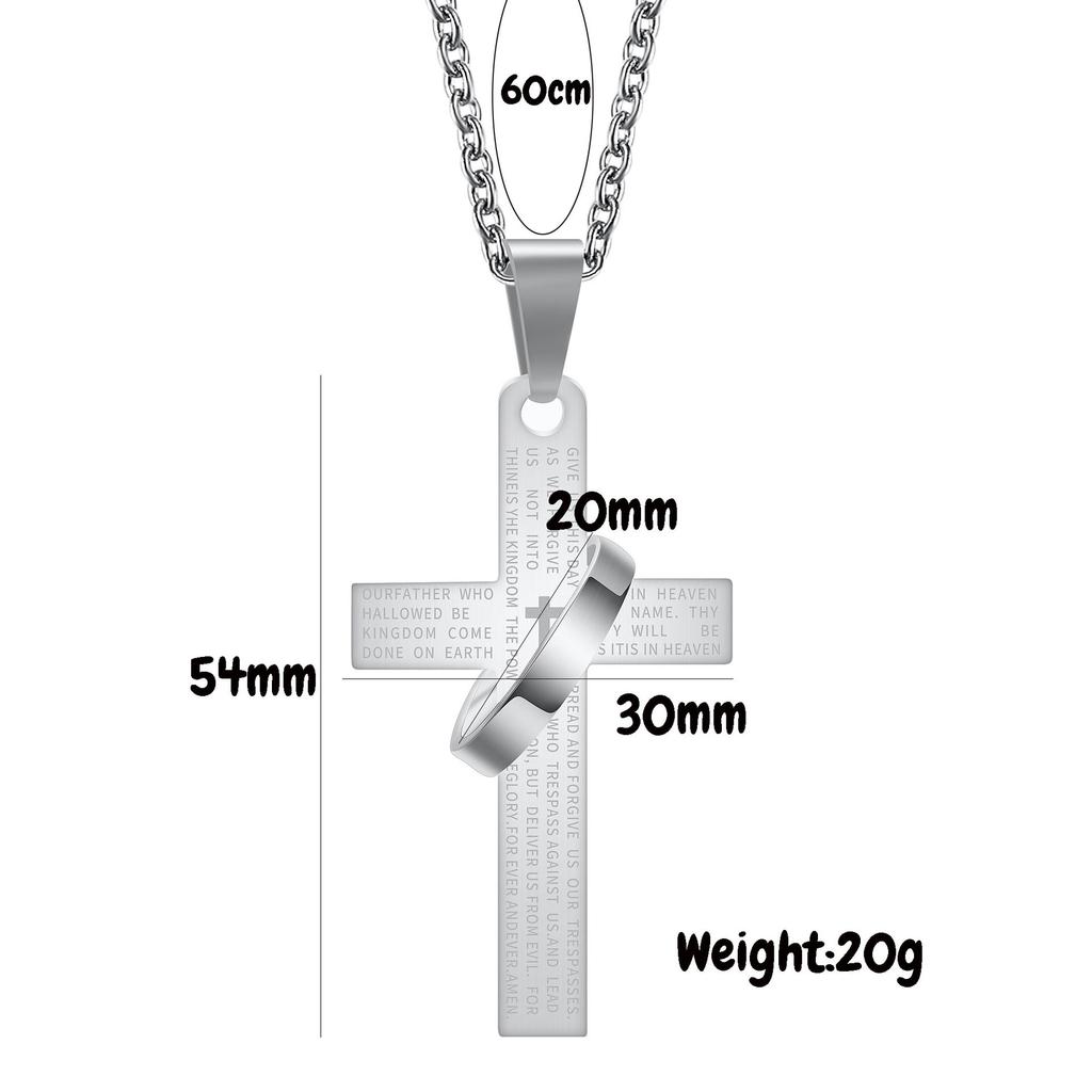 Geometric Cross Tag Necklace, Pendant with Ring Decoration, Men's Simple Titanium Steel Lettering Accessories, Two-color Optional