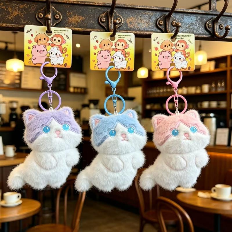 Soft Cartoon Plush Cat Keychain Fluffy Adorable Pendant Mini Backpack Purse Decor Ideal Birthday Gift for Girls