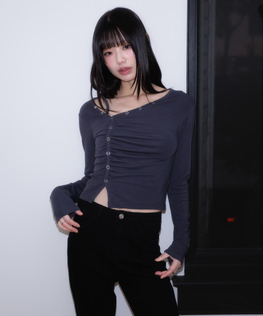 ROSEFRANTZ Unbalanced Shirring Long Sleeve [Charcoal]