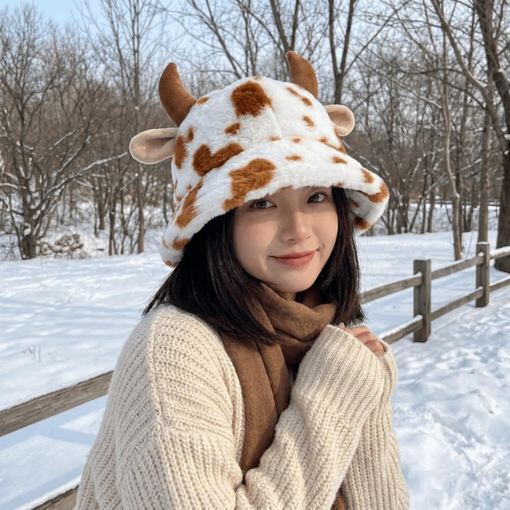 Faux Fur Plush Fisherman Hat Fluffy Winter Plush Hat Retro Cow Horn Bucket Hat Ladies