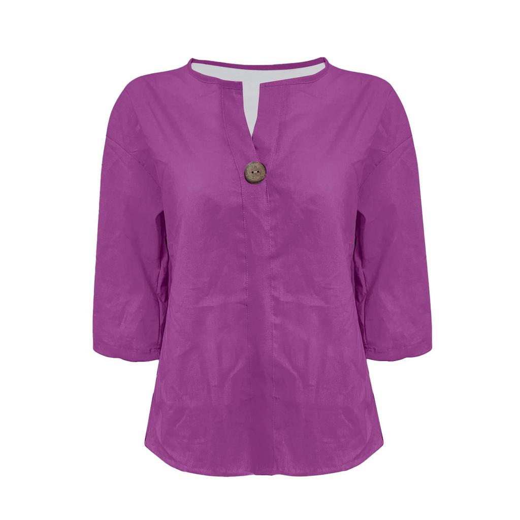 2026 Женская европейская и американская свободная футболка с V-образным вырезом, хлопково-льняная, на пуговицах