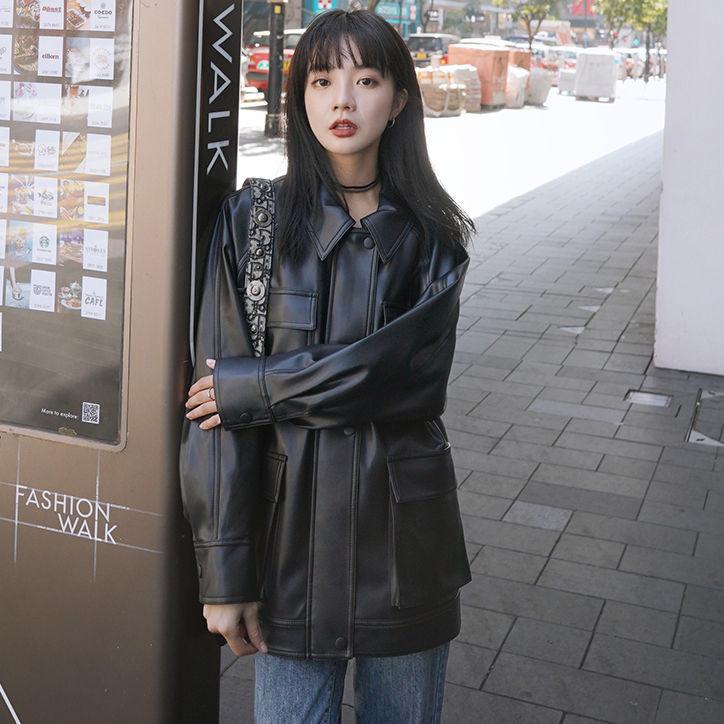 Новая весна-осень-зима кожаная одежда в иностранном стиле женская средней длины плюс бархатное плотное пальто Tide большого размера студенческая мотоциклетная куртка