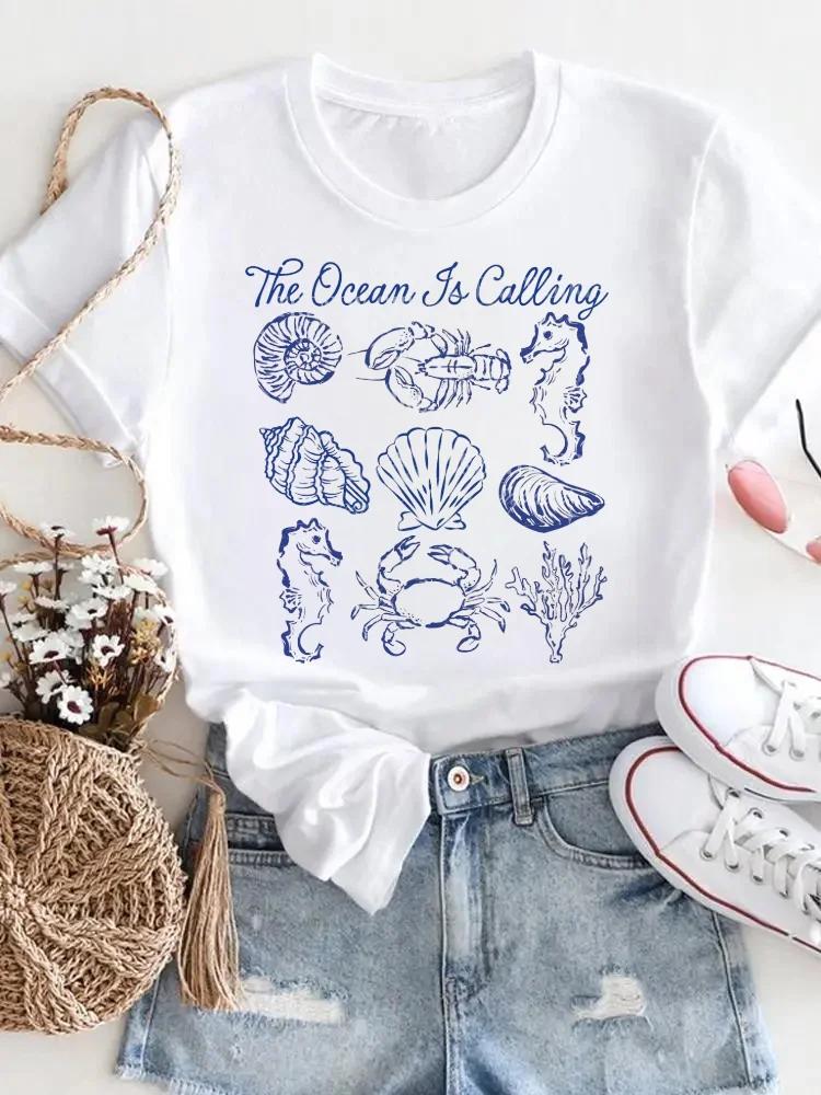Leisure Vacation Women's able Seafood Print T-Shirt Travel Pattern Short Sleeved T-Shirt Versat
