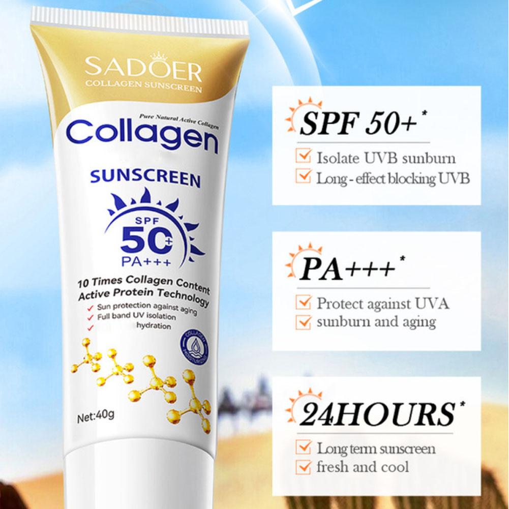 Коллагеновый солнцезащитный крем для лица и тела SPF50+ Защита от солнца УФ-изоляция Активный белок Солнцезащитное средство Длительное действие Нежирный Уход за кожей 40г