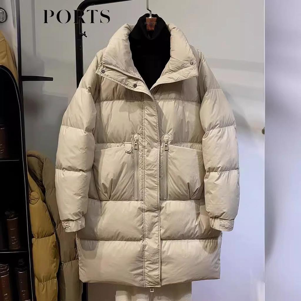 2024 новый пуховик женский средней и длинной длины утолщенный модный свободный воротник-стойка белый пуховик утиный европейский тренд зимней одежды